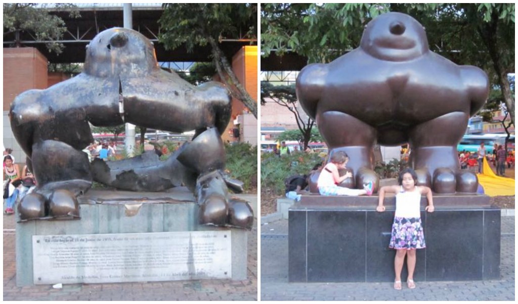The new and old 'Pajaro' from Botero stand next to each other as a memorial to the 23 killed by a bomb in 1995.